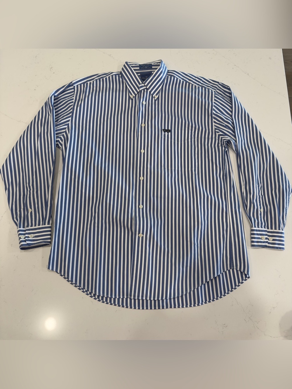 Faconnable Men’s Blue and White Vertical Stripe Dress Shirt - Large